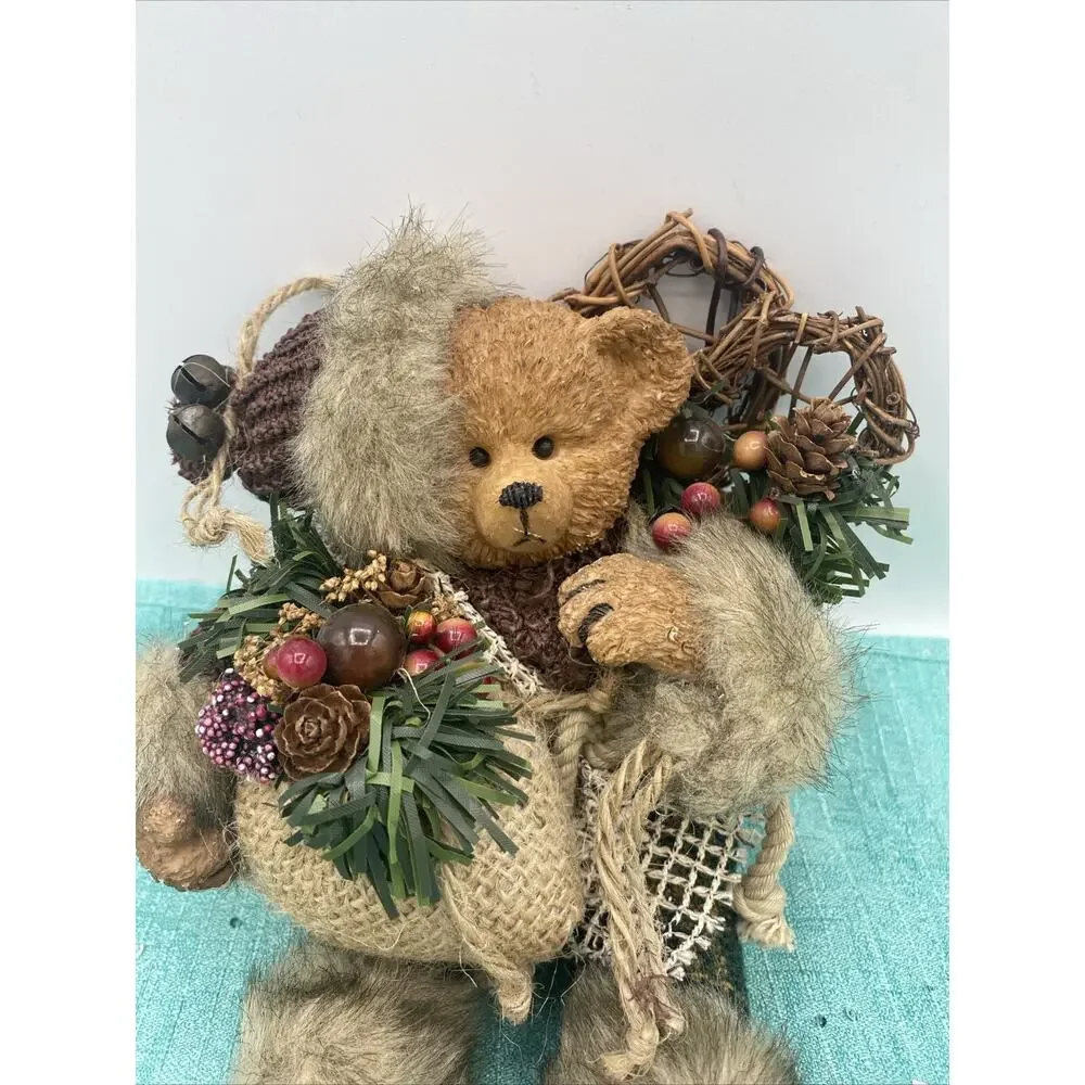 Vtg Bear Figurine Dressed for Winter With Bag, And Skis, Wood Resin Cloth 6” Sit